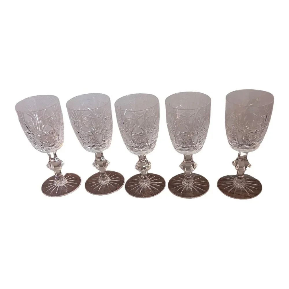 5 Crystal Cordial Goblets, Faceted Stem, 6.5 Inches Tall - Picture 3 of 10